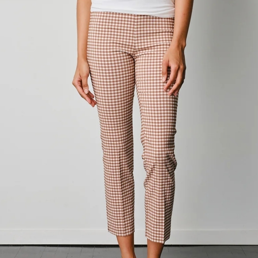 AVENUE MONTAIGNE Brigitte Check Cognac Straight Cropped Pant. Size 00 NWT